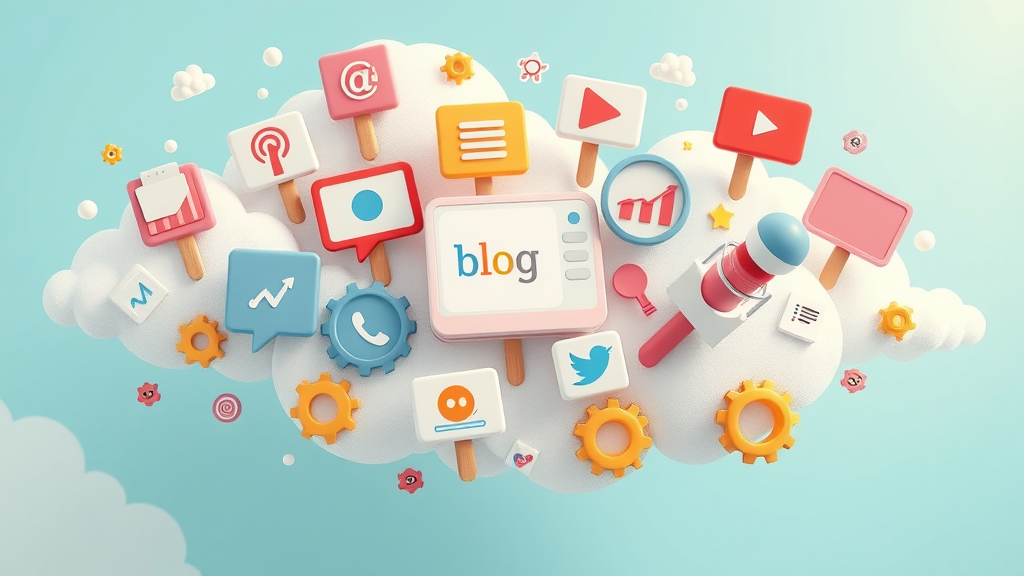 artistic montage of content types including blog posts, video content, podcasts, infographics for content marketing strategy