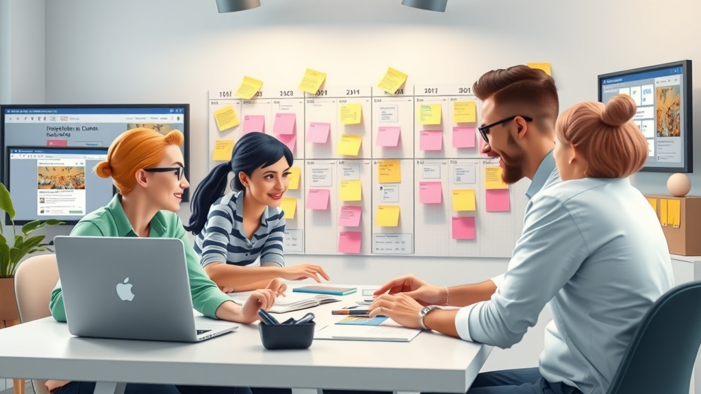 Creative marketing team organizing content calendar and workflow on laptop. Google Sheets, content calendar template for blog post and media content.