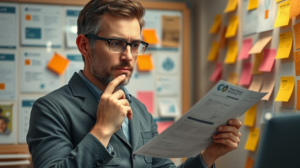 auditing media content for content calendar planning, project manager reviewing past posts and sticky notes