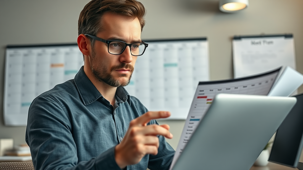 campaign timeline management: Project manager checking marketing campaign milestones on digital Gantt chart