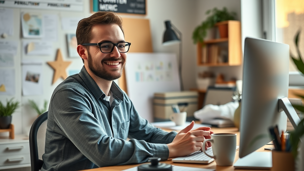 Content creator publishing optimized blog post in a creative workspace with media content calendar.