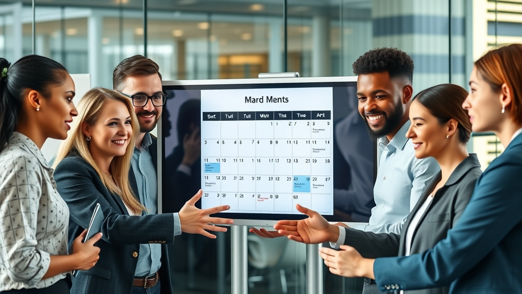 Modern business team collaborating on digital marketing calendar graphics in a bright urban office.