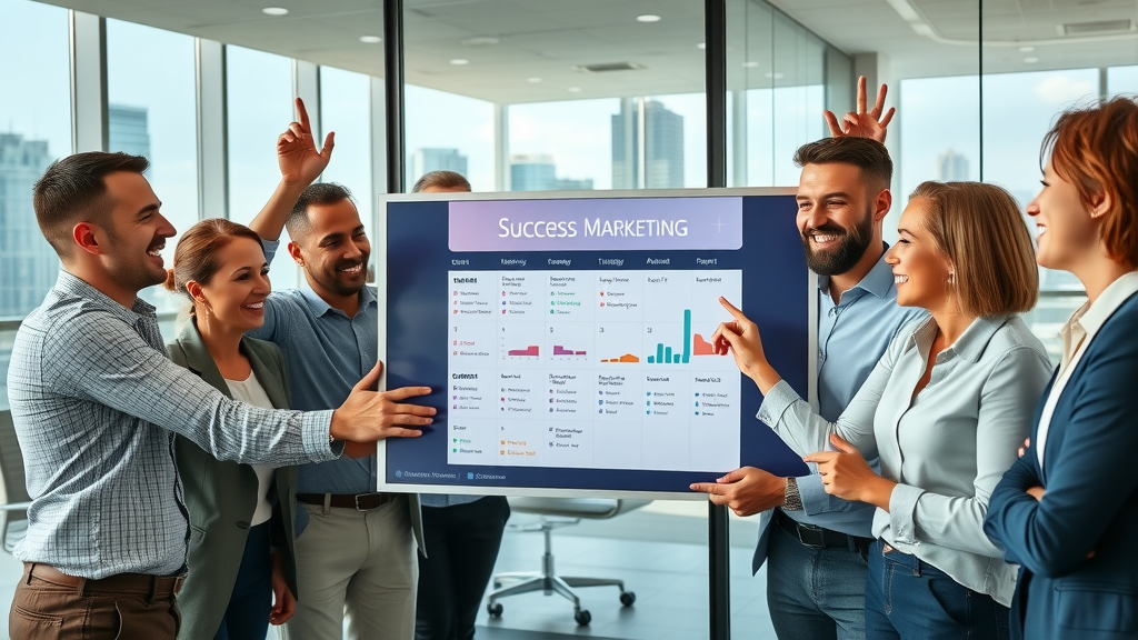 Corporate team celebrating successful marketing campaigns and viewing an organized digital marketing calendar.