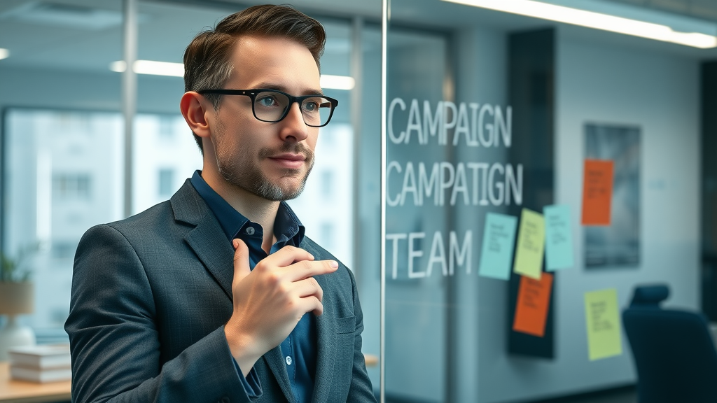 marketing campaign planning: Marketing team leader mapping out campaign goals on a glass board