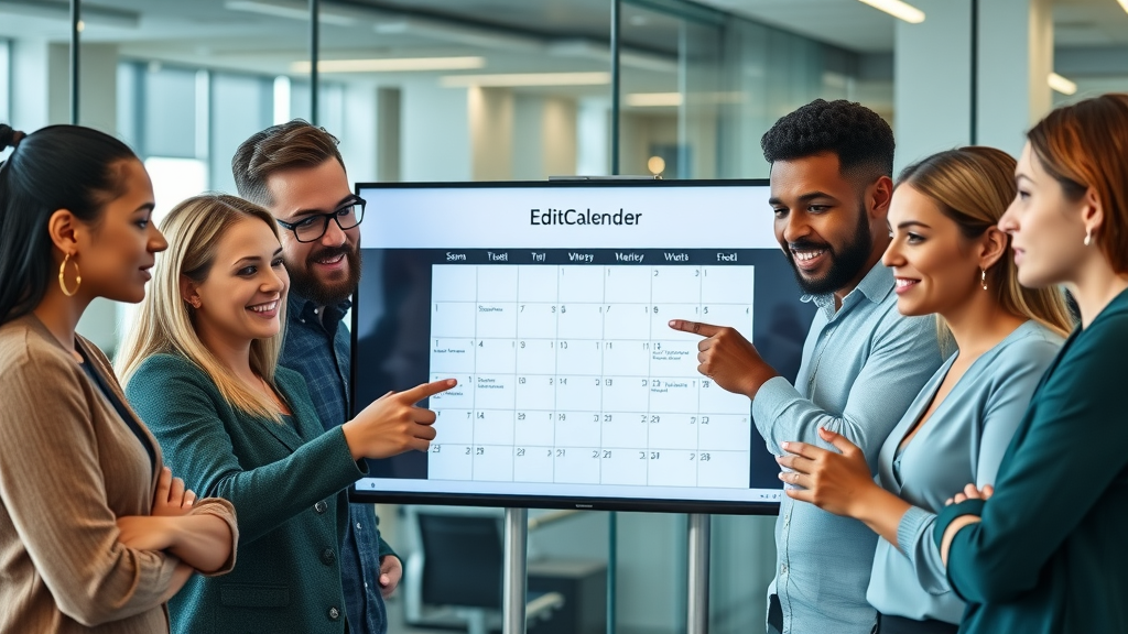 inspiring diverse marketing team collaborating around a large digital editorial calendar, editorial calendar tips