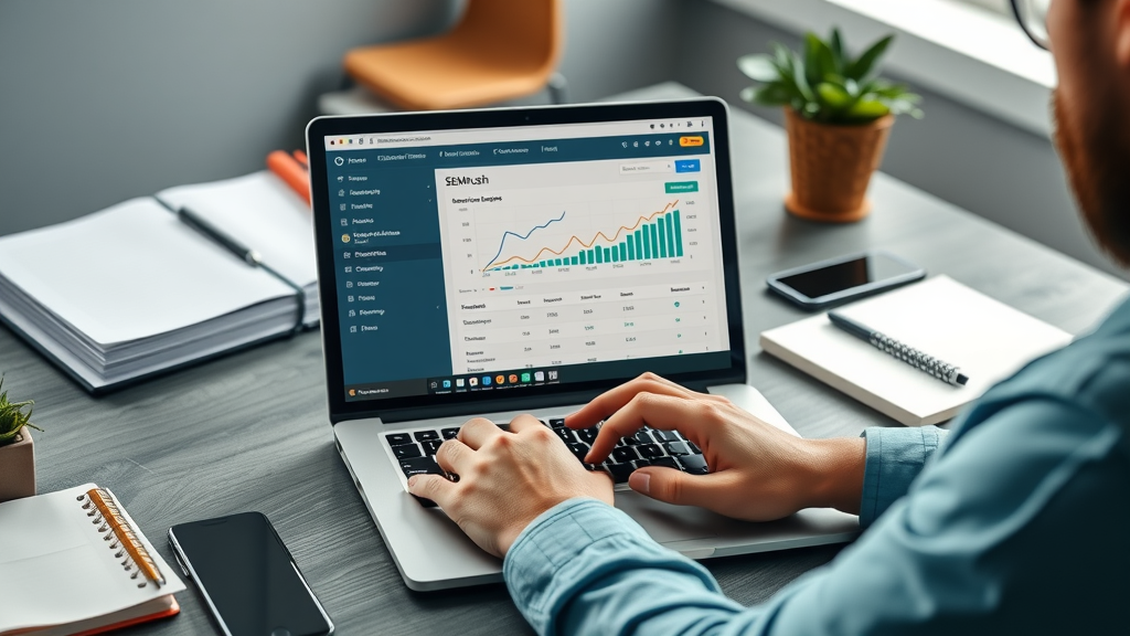 digital marketer researching keywords with SEMrush content marketing tool analytics