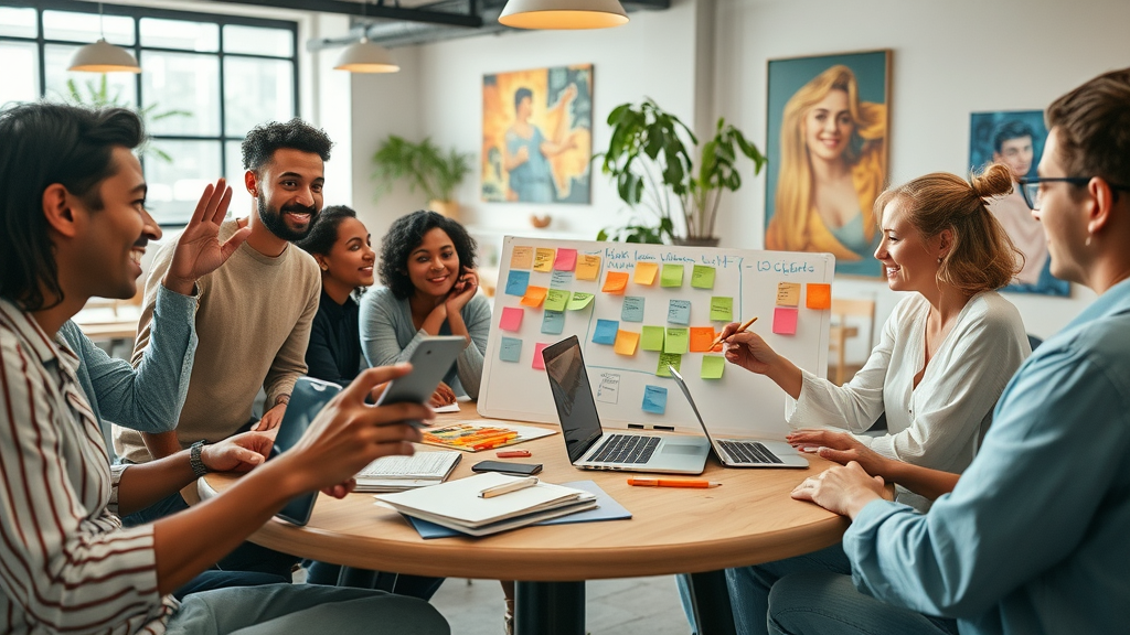 content creator community sharing ideas in an open workspace, cinematic