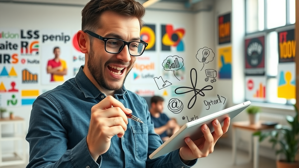 brand awareness planning: Brand strategist sketching logo in vibrant studio