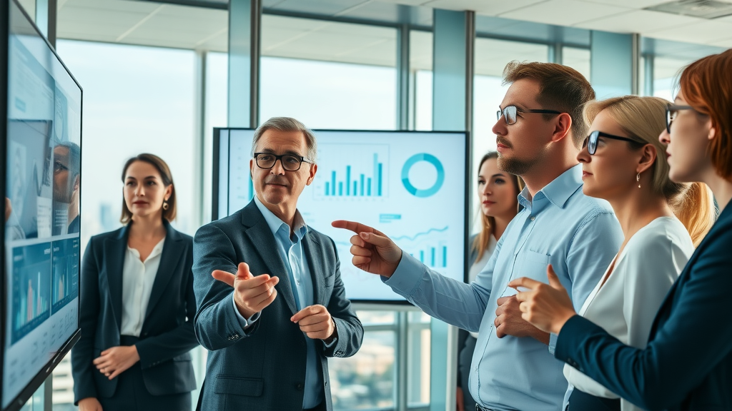 marketing campaign planning: Business professionals analyzing marketing analytics in modern conference room