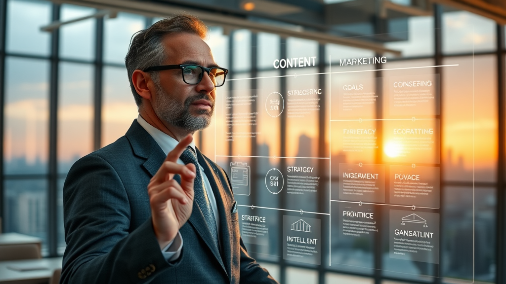 visionary business leader mapping content marketing strategy and goals on a digital board in a modern office