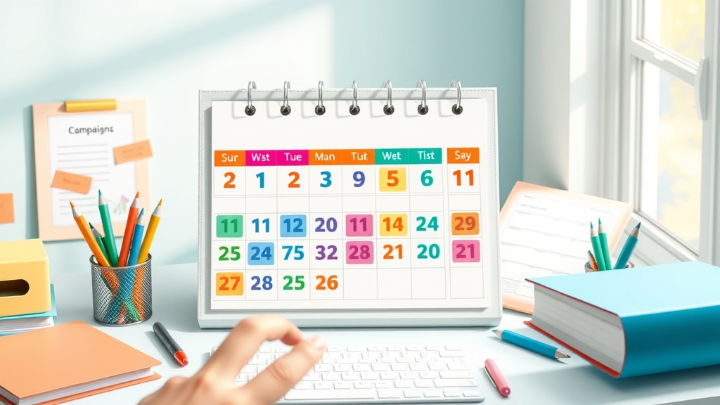 Color-coded digital marketing calendar with icons for organized marketing campaigns and a cheerful workspace.