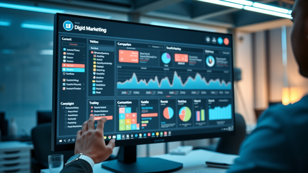 Sleek digital marketing dashboard with content and campaign timelines on a large monitor.