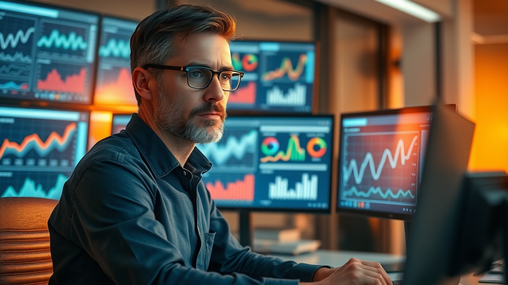 focused analyst reviewing analytics dashboard for content marketing strategy metrics