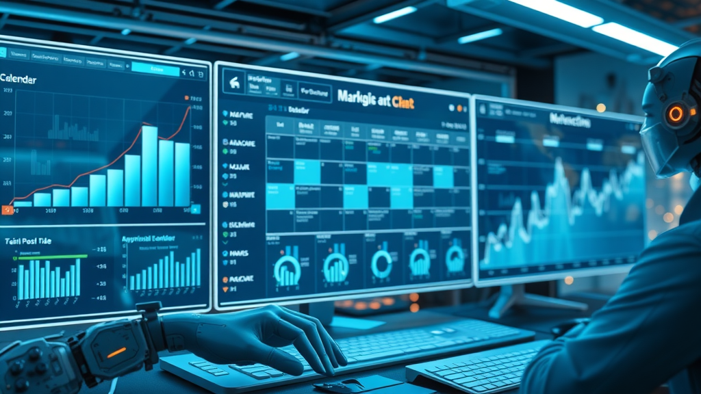 AI-powered digital marketing calendar with real-time updates and automation features in a futuristic workspace.