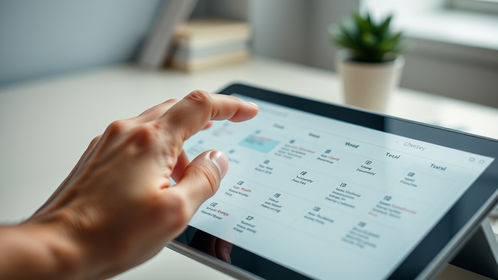 Professional marketer interacting with a digital calendar interface to schedule marketing campaigns.