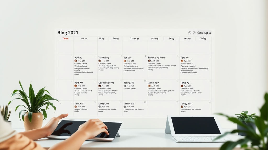 clean, organized digital calendar layout, minimalist style, listing blog post schedules with assigned team avatars