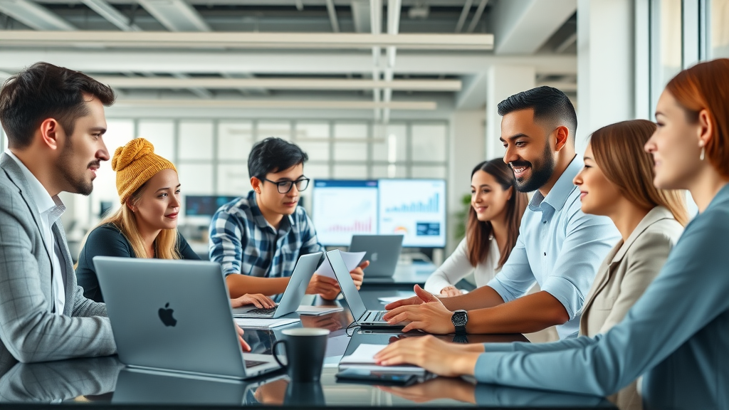 content strategy tools in a modern workspace with diverse marketing professionals collaborating in a digital office setting