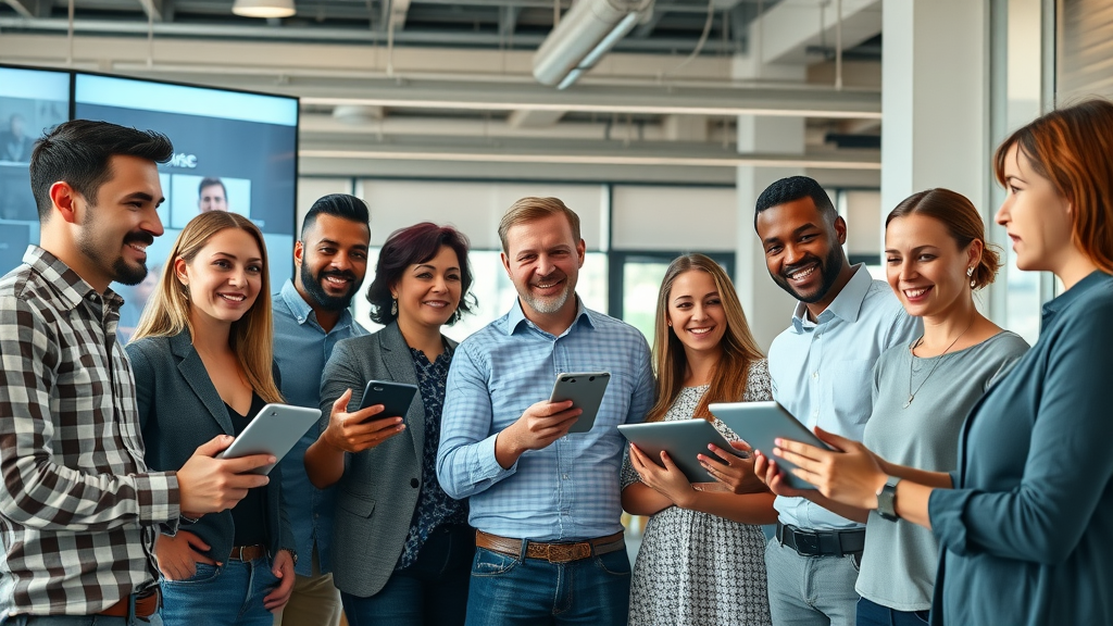 vivid group of modern marketers, confident, brainstorming with digital devices in open office for content marketing strategy