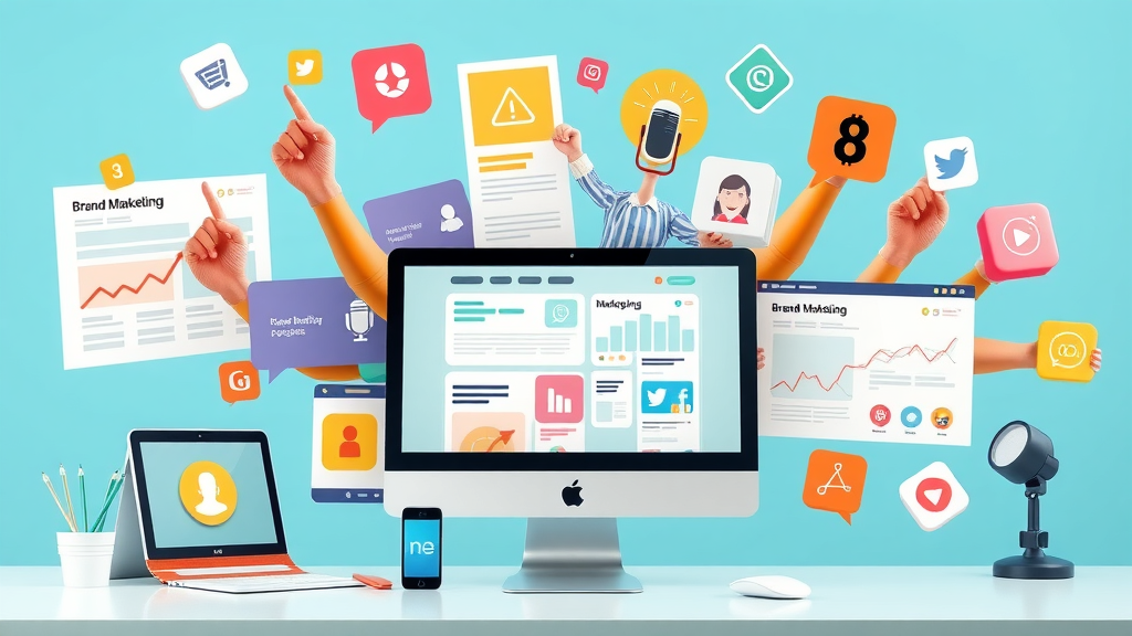 Montage of brand marketing assets including blog posts, social media content, infographics for a diverse content strategy.
