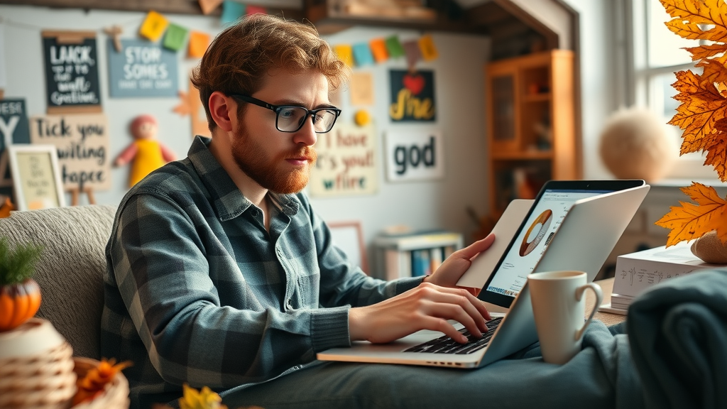 motivated content creator working on content creation for marketing strategy in a cozy home office