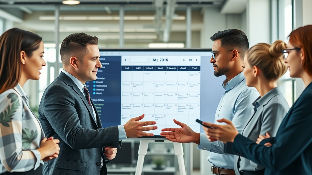 Dynamic business team collaborating around a digital calendar. Content calendar strategies for social media and media content in a modern office.