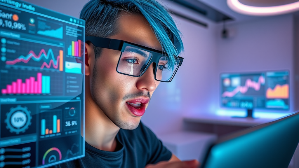 futuristic content creator analyzing data in a digital studio with holographic screens, futuristic sci_fi, neon colors