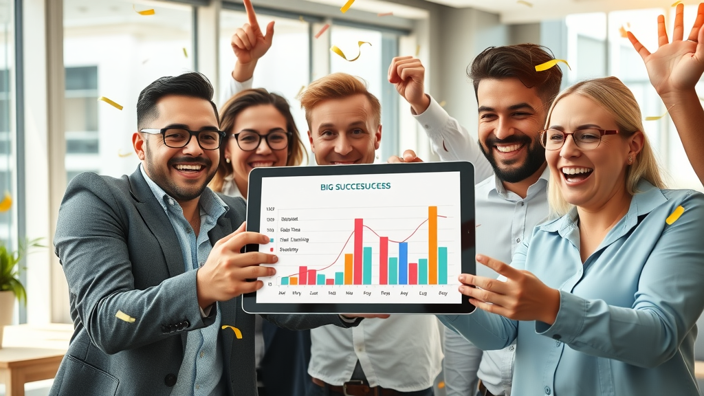marketing team celebrating social media content calendar planning success with improved metrics