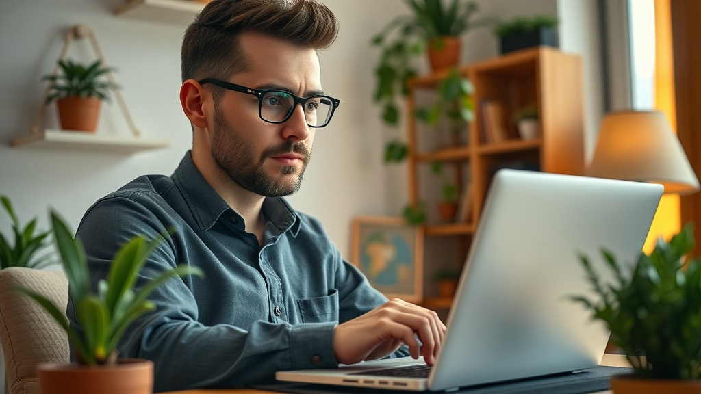small business owner using a free online content strategy tool for planning in a cozy home office