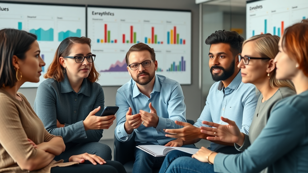 marketing campaign planning: Diverse focus group discussing product preferences with interactive digital boards
