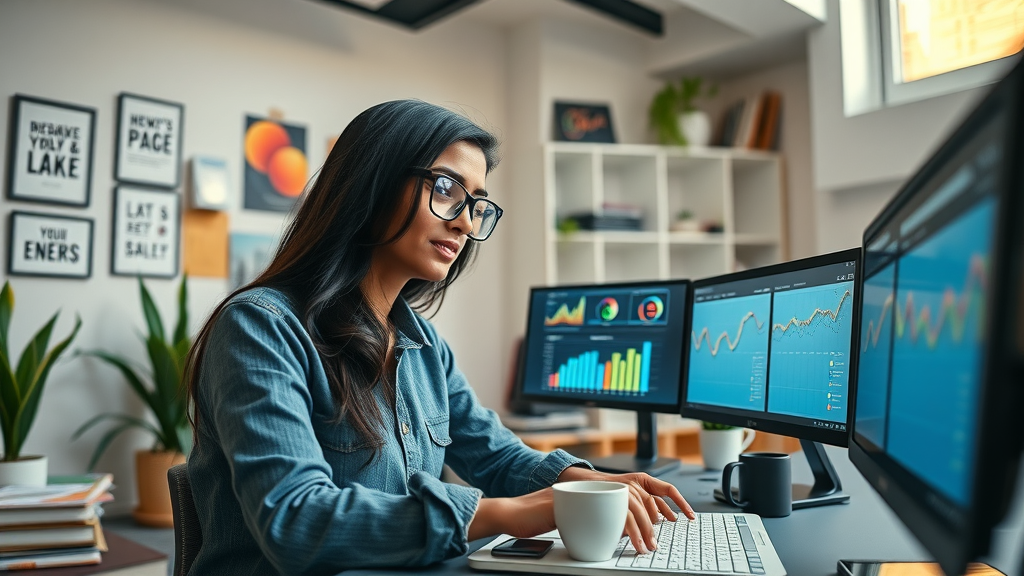 dynamic content creator analyzing data on multiple screens