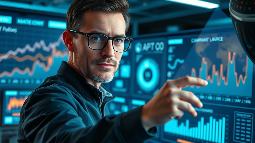 marketing campaign KPIs: Marketer analyzing key performance indicators on futuristic dashboard