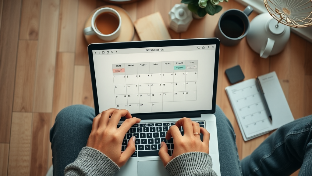 open laptop with digital calendar template, focused blogger typing, modern home office scene