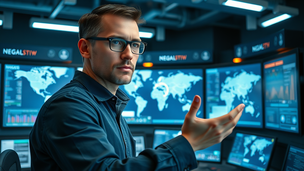modern marketer distributing content marketing strategy globally via digital screens and analytics