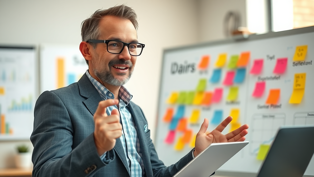 Inspired business leader mapping content marketing strategy on digital devices and whiteboard with content calendar and target audience focus.
