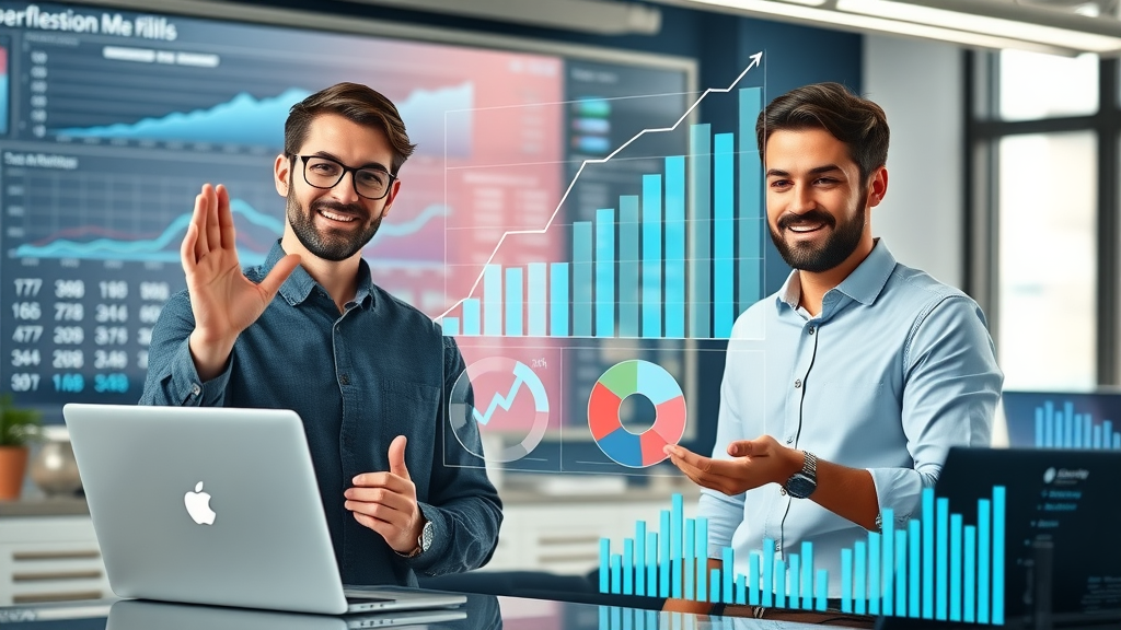 blog content calendar marketing statistics infographic, confident marketers reviewing performance data with growth charts, digital dashboard office scene