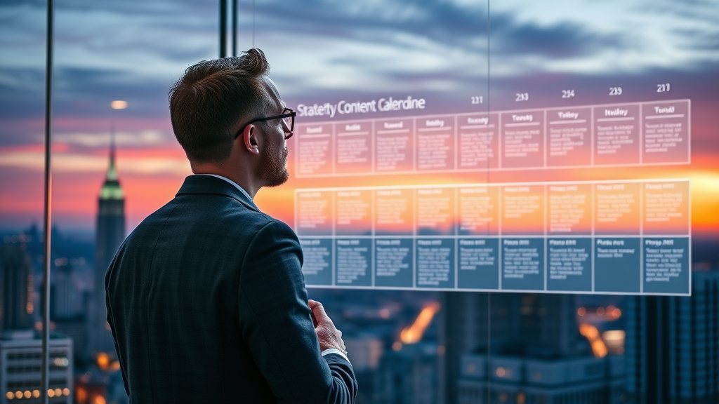 inspiring marketing professional reviewing strategic content calendar on transparent wall display for content marketing strategy