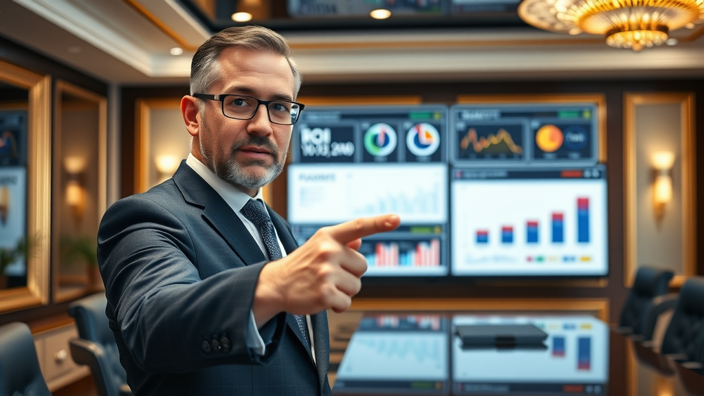 senior marketing professional analyzing ROI and analytics dashboard using advanced content marketing tools