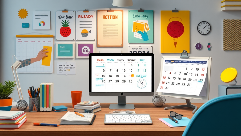 organized modern workspace with digital and paper calendars displayed side-by-side, cartoon style