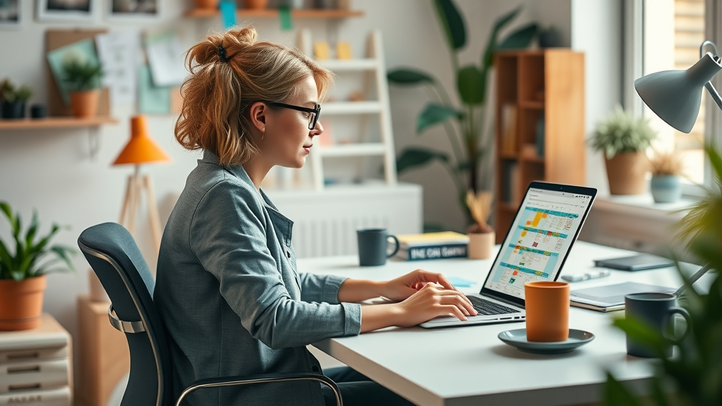 professional blogger organizing editorial calendar on laptop, creative workspace with sticky notes and plants