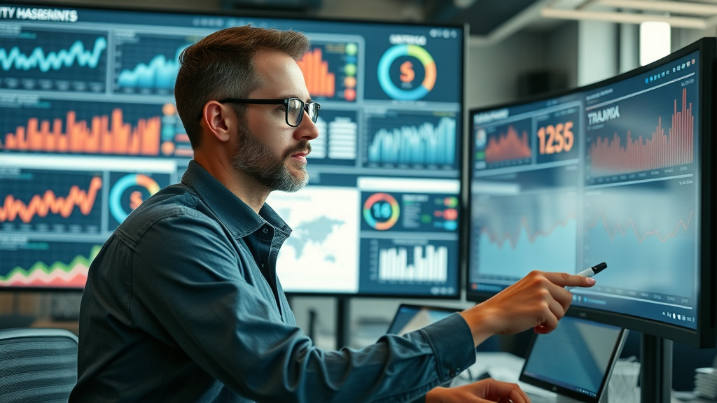 Data-driven marketer analyzing content calendar ROI on dashboard for maximum marketing strategy impact.