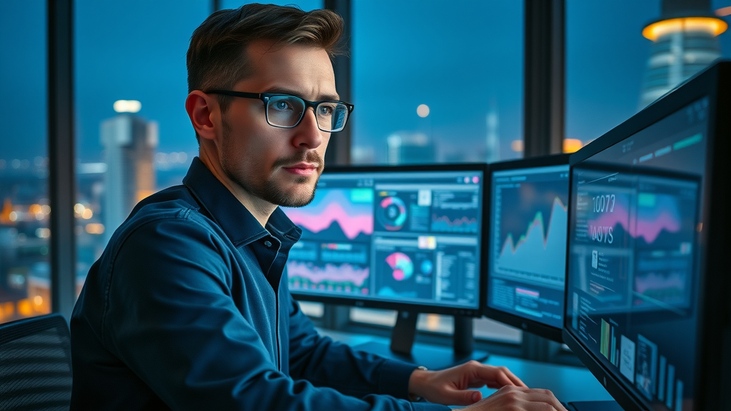 marketing campaign analytics: Marketing analyst examining multi-monitor data streams